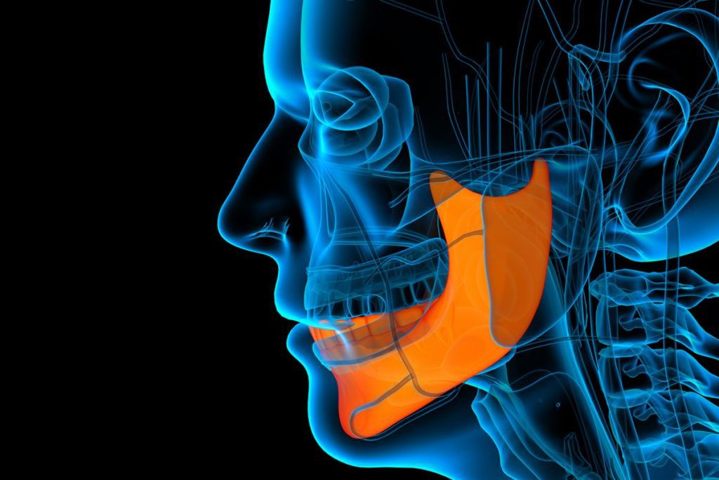 Transparent face showing xray of an orthodontic patient's lower jaw to treat TMJ pain 