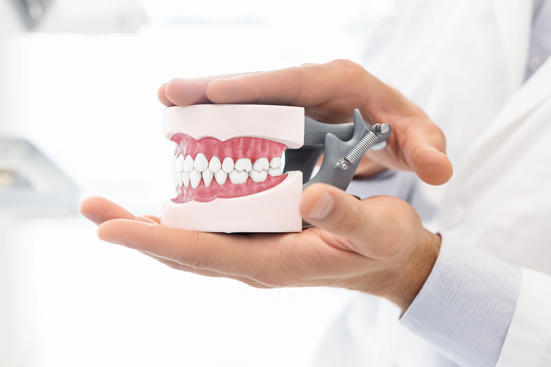Orthodontist holding a model of a patient's upper and lower teeth to show how the upper and lower jaw should fit together