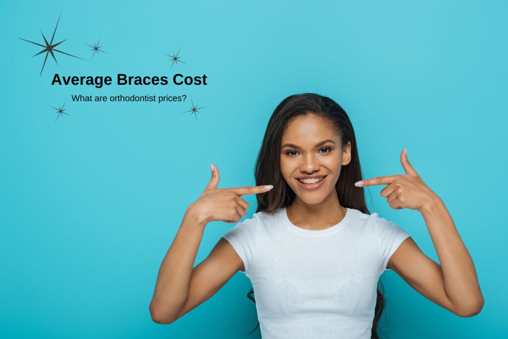 Smiling young woman pointing at the braces on her teeth