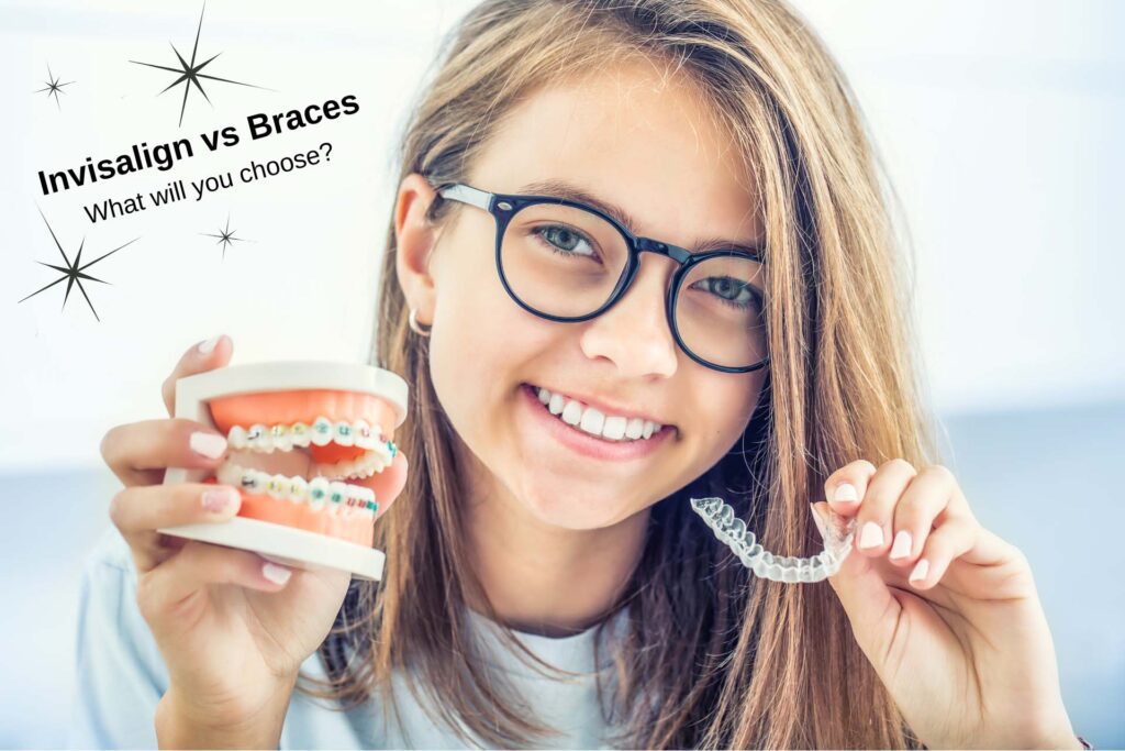Young woman holding up mouth model with braces and an Invisalign clear aligner